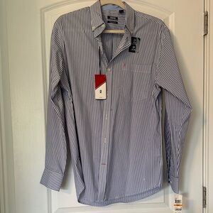 Izod Men's Blue and White Striped Button Down Shirt
